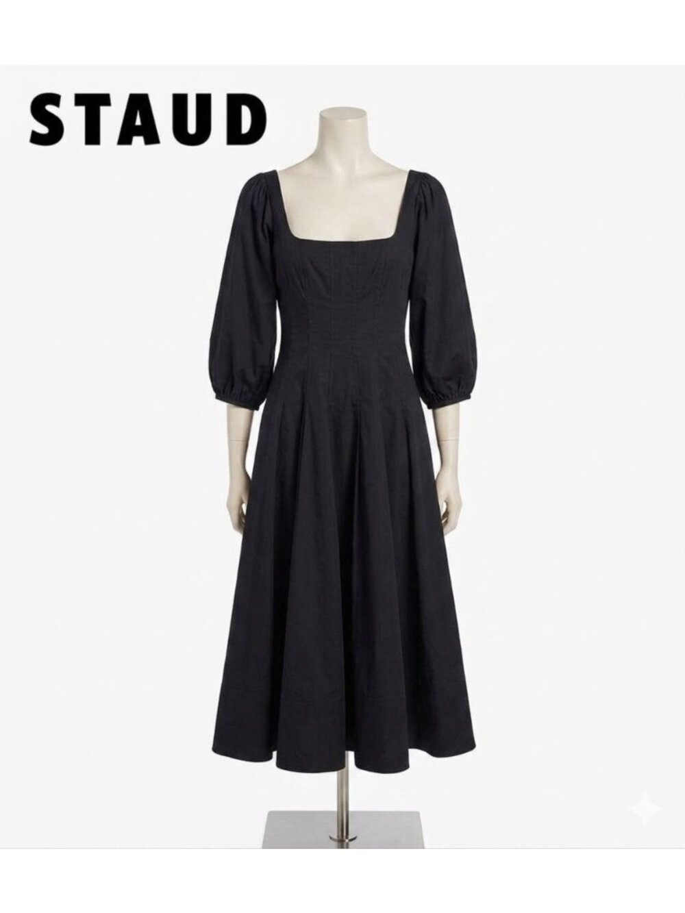 STAUD Swells Black Puff Sleeve Corset Midi Dress, size 0